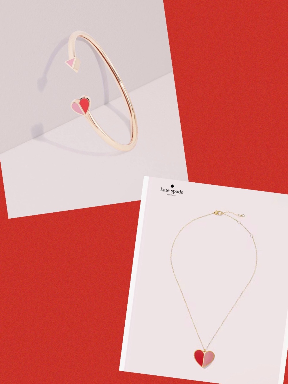 Kate Spade Heritage Two-Tone Red & Pink Enamel Heart Necklace & Bangle Set
